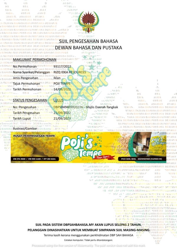 Salinan Sijil Pengesahan Bahasa Poji’s Tempe