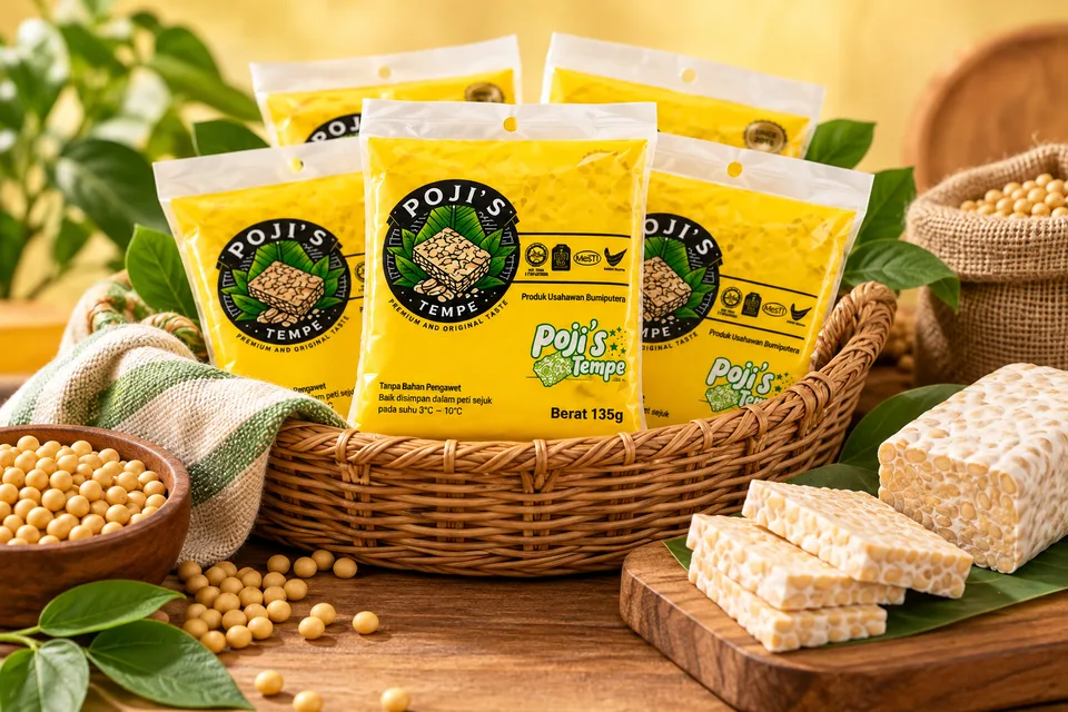 Bakul penuh pek Poji’s Tempe bersama kacang soya dan tempe segar